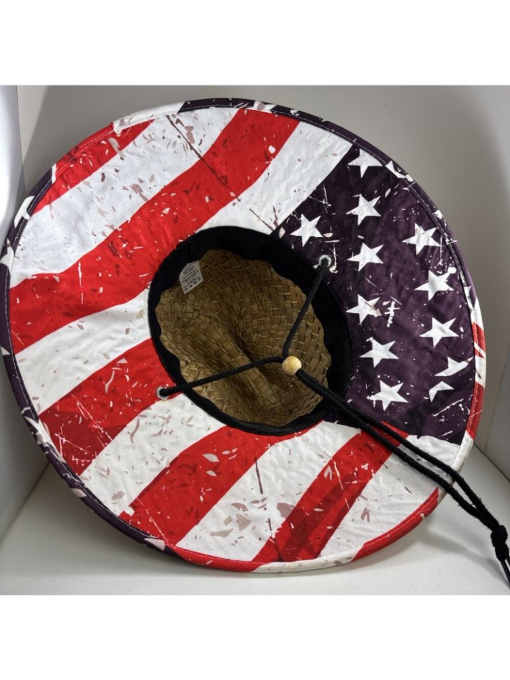 Hemlock Hat Company Straw Beach Sun Hat One Size Chin Strap American Flag Print - Picture 4 of 5
